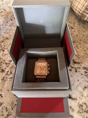 Michele Rose Gold and Silver Two-Tone Deco Chronograph Watch